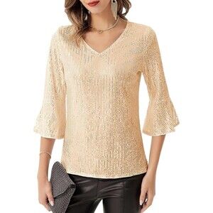 NWT Grace Karin Sequin Bell Sleeve Blouse Gold Cutout Back- Size Large